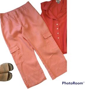 Coral Linen Cropped Wide Leg Cargo Pants Size 6